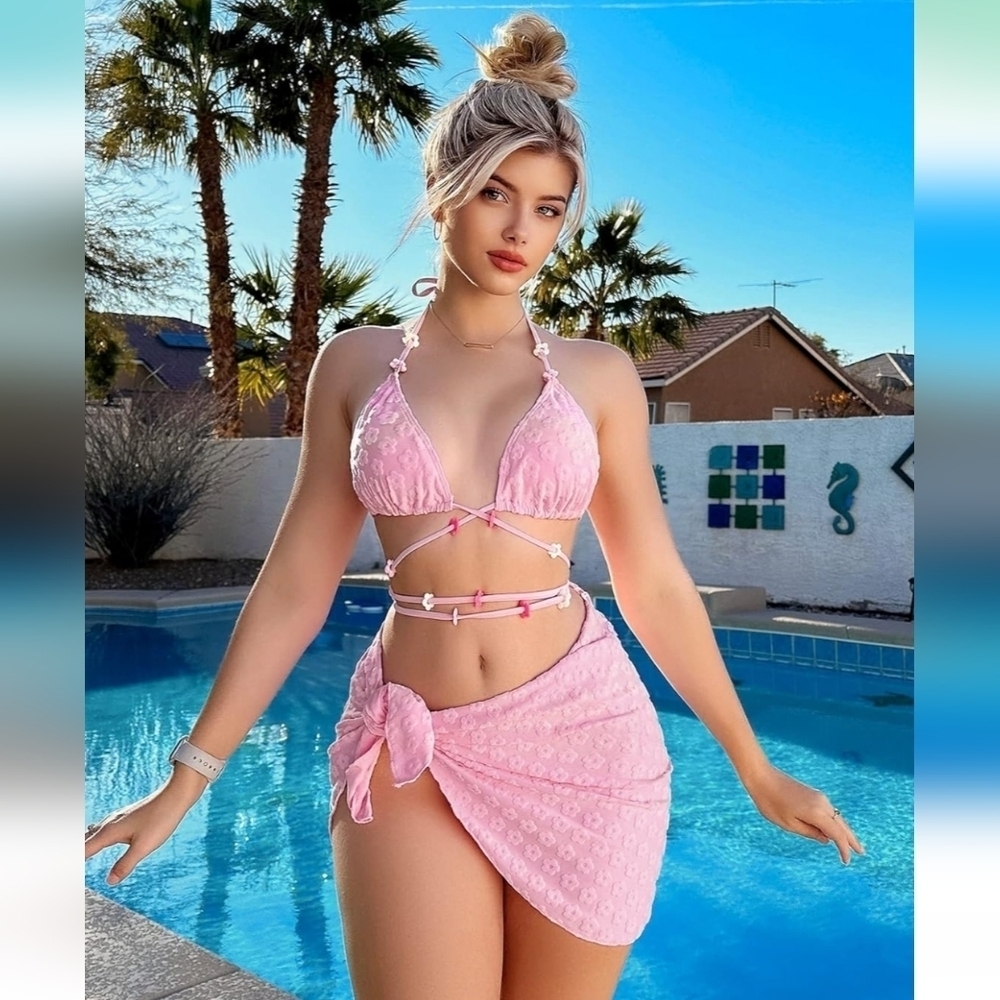 SHENHE Pink 3 Piece Swimsuit Halter Tie Side Cute Triangle Bikini Set with Beads